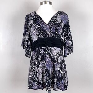 Top Women XL Babydoll Y2K Whimsigoth Paisley Sparkle Flutter Sleeve V-Neck